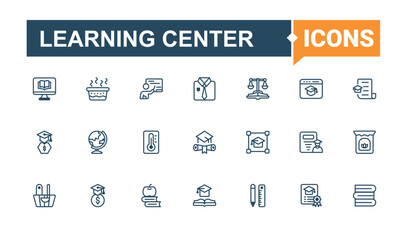Learning Center icon collection. Included university, paint, book, knowledge, school, learn and more. School vector line icon set. Line symbol. Solid line editable stroke. Vector illustration.