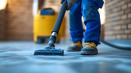 Construction Worker Vacuuming Debris on Site, A construction worker vacuuming debris on a concrete floor in a building site