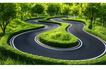 Fototapeta premium Winding road through green landscape, trees, sunny day