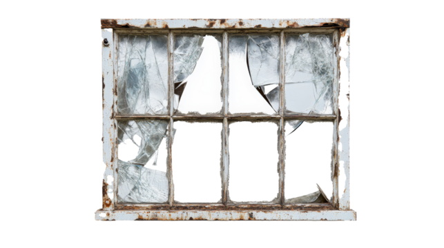 a broken window with broken glass Cutout and isolated and transparent background image
