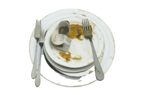 a dirty plate with a fork and knife Cutout and isolated and transparent background image