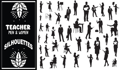Diverse Teacher Silhouettes: Male & Female Educators with Books, Chalkboards, and Academic Elements