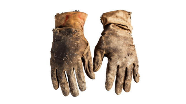 a pair of dirty work gloves on a white background Cutout and isolated and transparent background image