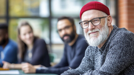 smiling elderly man with beard and red beanie sits at table with friends, showcasing warm and friendly atmosphere