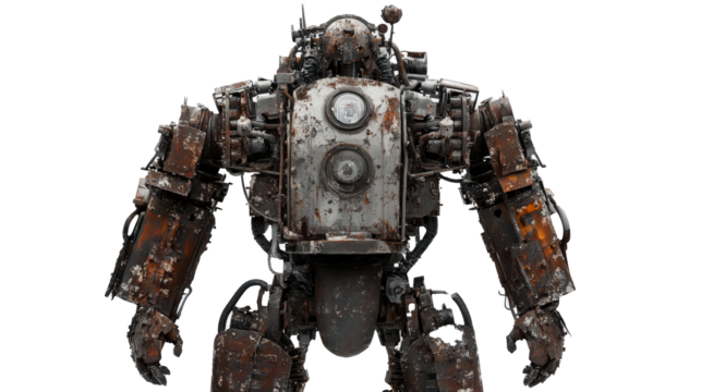 a large metal robot standing on a white surface Cutout and isolated and transparent background image