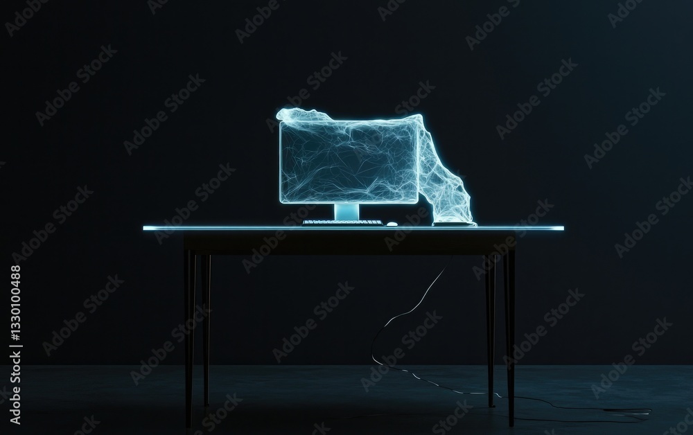 Poster a futuristic computer monitor made of glowing particles dissolving into a dark room placed on a glas