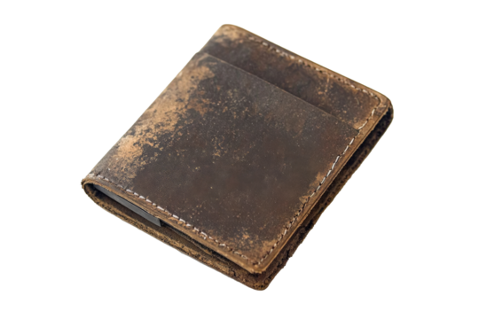 a brown leather wallet with a small hole Cutout and isolated and transparent background image