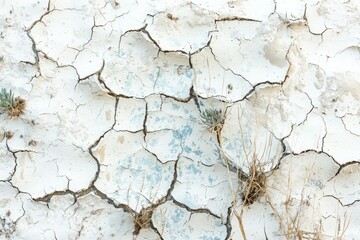 Obraz premium Dried, cracked earth with sparse, tenacious plants clinging to life in a harsh, arid environment.