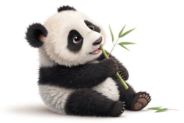 Naklejka premium Cute Panda Bear Cub Sitting on a White Background and Nibbling on Bamboo While Looking Playful and Curious Generative AI