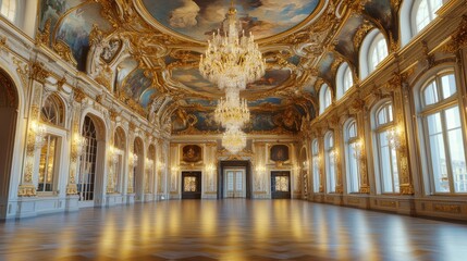 Obraz premium Grand Ballroom Interior with Crystal Chandelier and Sunlight