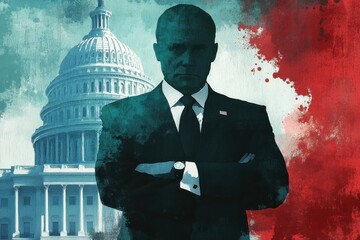 An illustration of a politician or lobbyist or a representative of a secret shadow government