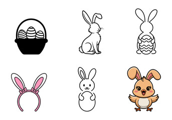 Cute Easter-themed illustrations of bunnies, eggs, and a chick.