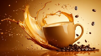 Coffee Cup with Splashing Liquid and Flying Beans Still Life