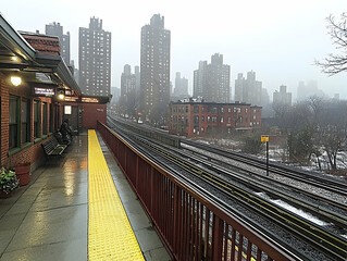 Obraz premium City Train Platform on a Misty Day