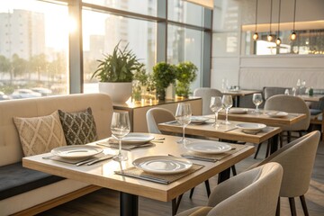 Modern Empty Restaurant Table Set for Dining With Elegant Decor and Sunlight Streaming Through Large Windows Generative AI
