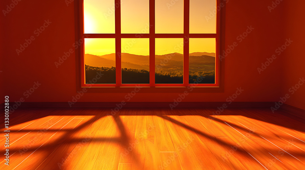 Poster bright room with a large window showcasing a stunning view of nature creating an inviting atmosphere