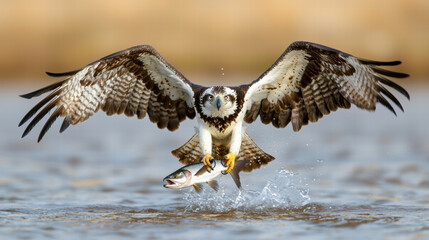 Obraz premium Majestic bird of prey catching fish in water, showcasing powerful wings and sharp talons
