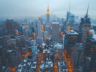 Naklejka premium Cityscape at dusk, covered in snow