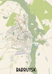 The image depicts a detailed map of Babruysk, a city in Belarus. The map showcases the city's layout, including its streets, roads, and waterways. A prominent river winds its way through the city.