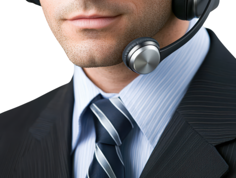 Professional businessman in headset, focused on communication and client services in modern office setting