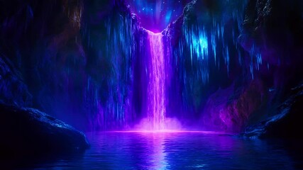 Enchanting purple and blue waterfall cascading into a serene pool within a mystical cave, illuminated by ethereal light.