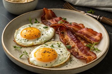 Deliciously Cooked Fried Eggs With Crispy Bacon Served on a Rustic Plate at a Cozy Breakfast Setting Generative AI