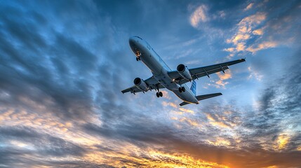 Airplane Flying in Colorful Sky at Sunset for Travel and Transportation