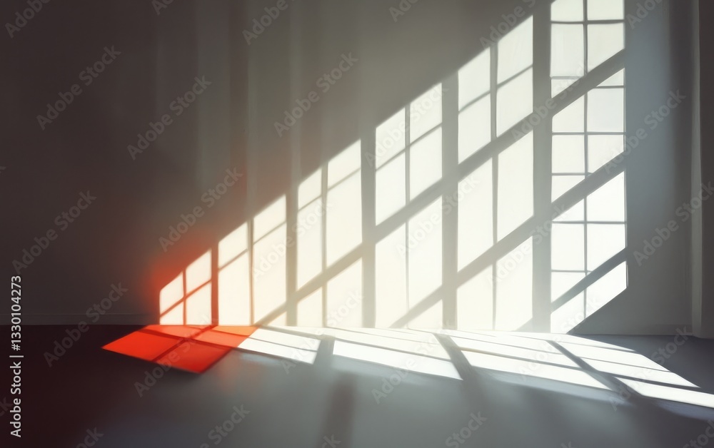 Aufkleber bright sunlight streams through a large window casting geometric shadows on a gray floor with a red 