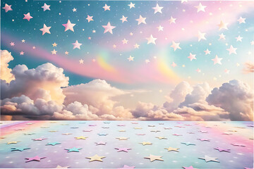 Holographic Fantasy Rainbow Sky with Clouds and Stars