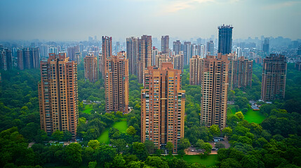 Obraz premium Cityscape with high-rise buildings and green spaces