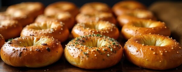 Rows of seasoned bagels, vibrant herbs, warm tones, colorful, delicious