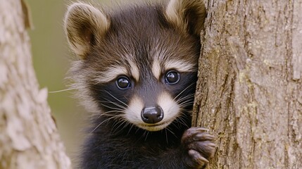 Obraz premium Adorable baby raccoon peeking from behind a tree trunk
