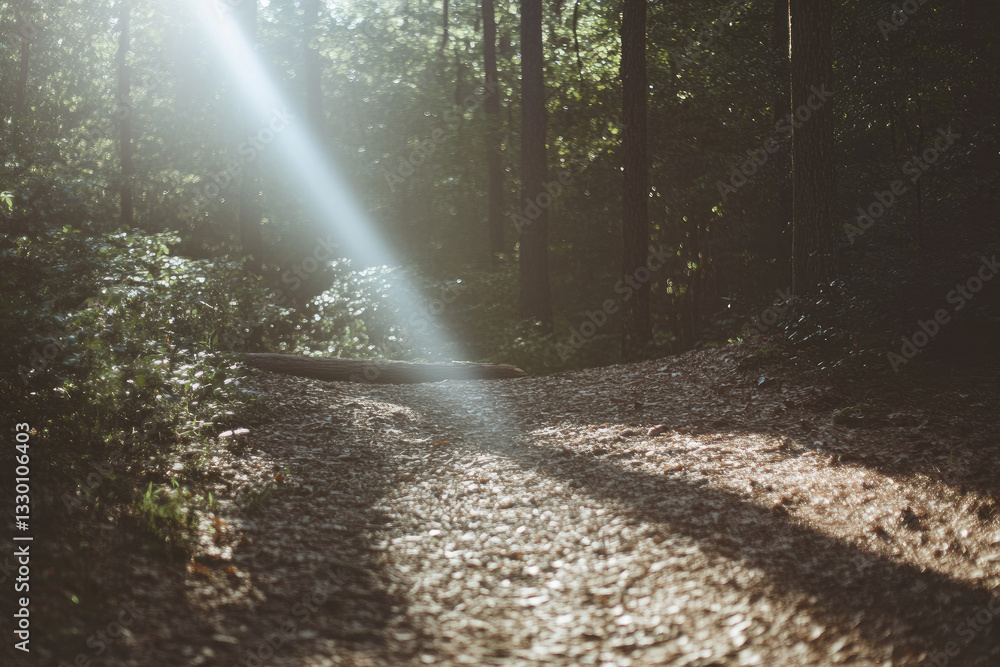 Poster serene forest path with dappled sunlight filtering through trees, creating peaceful and tranquil atm