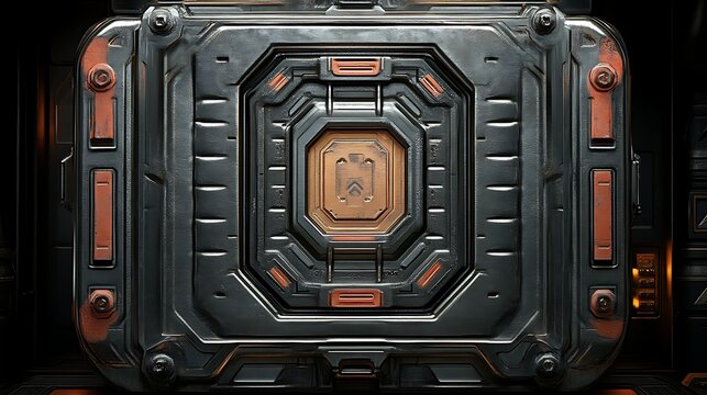 Futuristic Metal Panel With Orange Accents And Central Emblem
