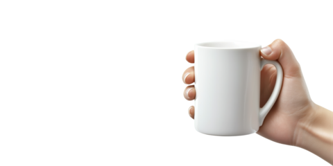 Hand Holding Ceramic Mug. Minimalist Design And Beverage Concept Isolated On Transparent Background