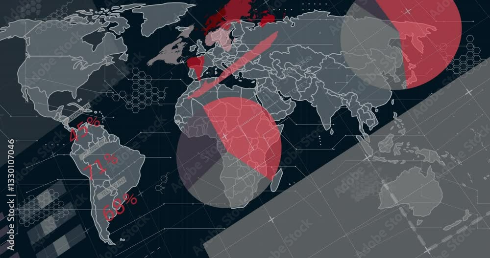 Poster animation of world map with red data visualizations and percentage statistics