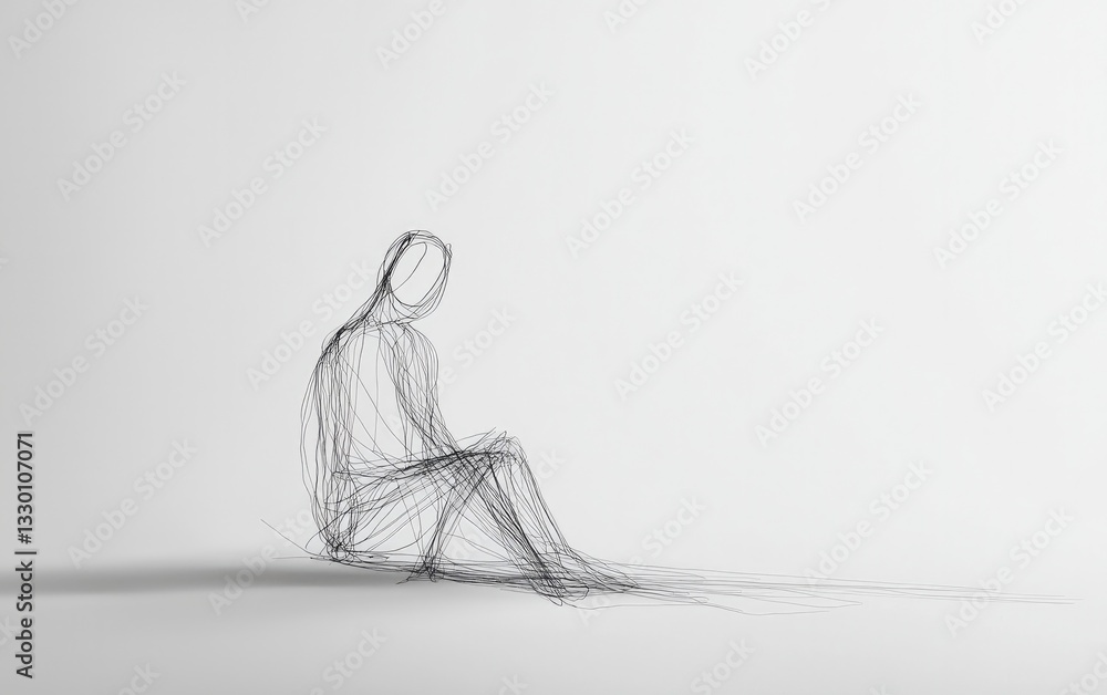 Poster abstract black pixelated human disintegrating into particles on white background with shadow
