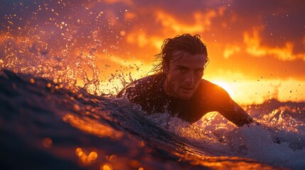 Obraz premium Surfer riding a wave at sunset. A man paddles through a dramatic sunset, water splashing around him