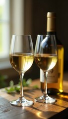 Two full glasses of white wine, bottle nearby, table setting, restaurant, full glass