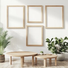 Minimalist wooden frames, plant, sunlit room, mockup
