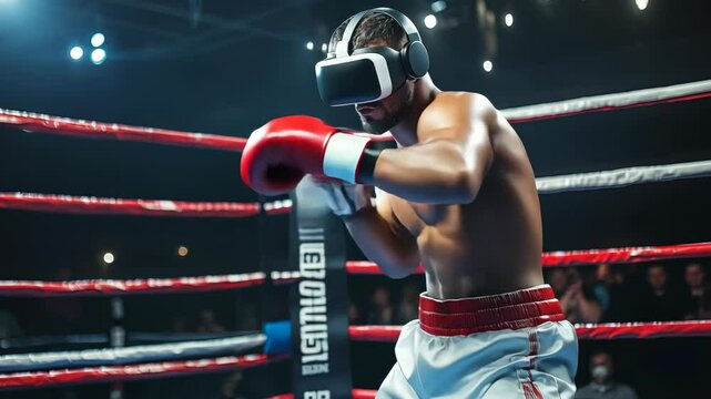Boxer wearing virtual reality headset boxing in ring