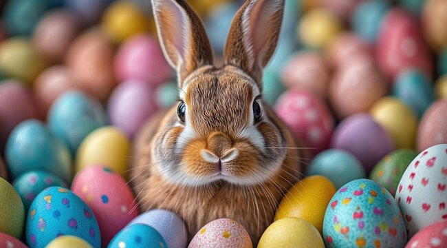 A cute brown bunny, adorned with detailed fur and having big eyes that are gazing at the camera, is surrounded by a delightful array of colorful Easter eggs. 