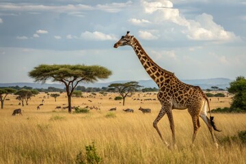 Fototapeta premium Majestic Giraffe Gracefully Walks Through the Lush African Savanna Under a Clear Blue Sky Generative AI
