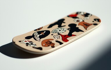 Beige Fingerboard Deck with Colorful Cartoon Dog Pattern on White Background