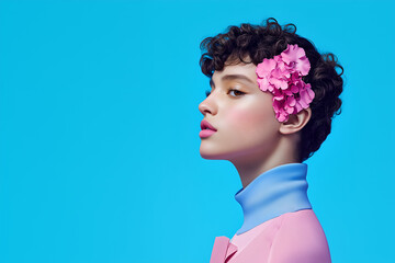 Modern androgynous portrait with pink flowers, bold fashion concept on vibrant blue background, symbol of gender fluidity and artistic expression.