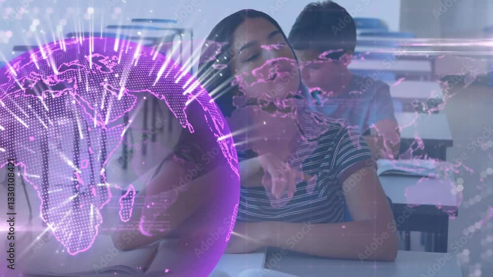 Poster students in classroom with digital globe and data animation overlay