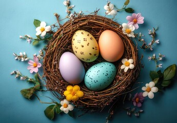 A top view reveals a charming scene of colorful Easter eggs nestled in a bird's nest, set against a serene blue background. 