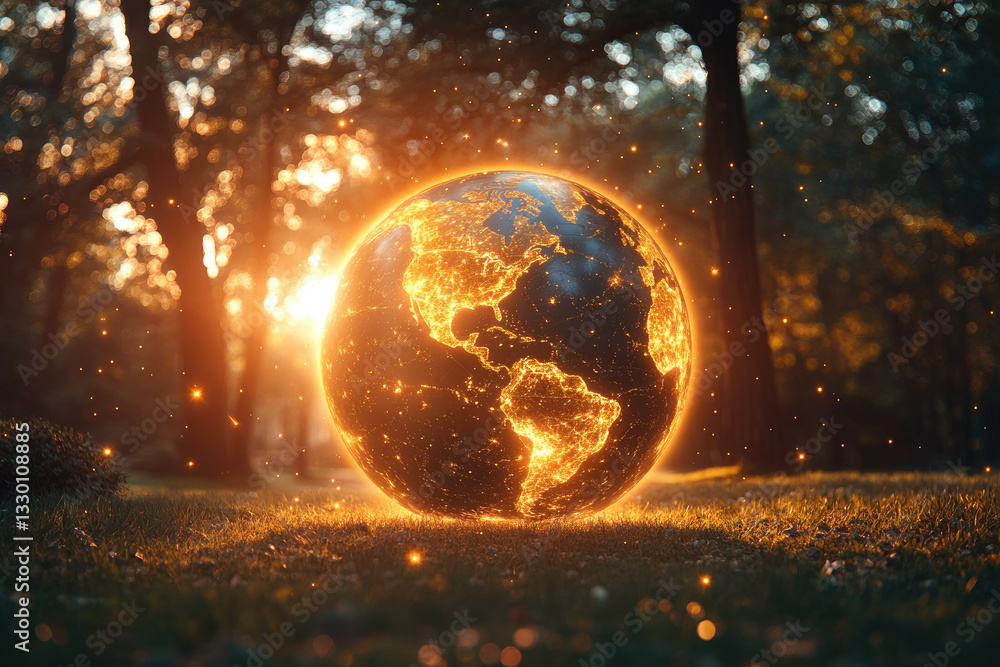 Poster glowing globe representing earth is illuminated in forest setting, with sunlight filtering through t