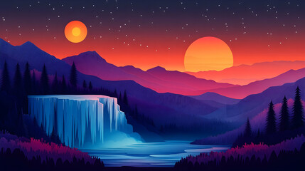Colorful mountain landscape with waterfall and two suns at night