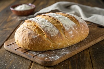 Fototapeta premium Freshly Baked Loaf of Bread on a Wooden Cutting Board With Flour Dust and a Bowl of Flour in the Background Generative AI